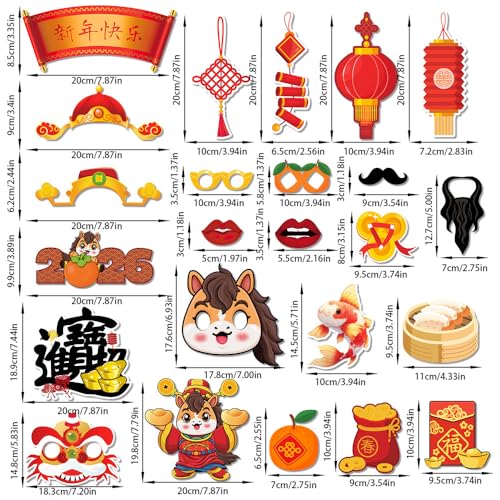 2026 Chinese New Year Photo Booth Prop Stand, 25 Pcs Lunar New Year Spring Festival Sets, Horse Year Party Decorations for...
