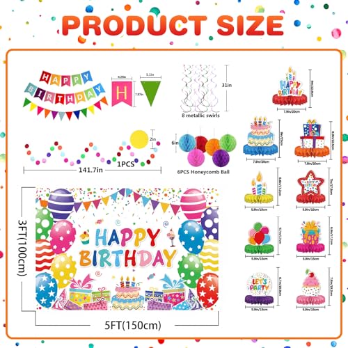Birthday Decorations Kit, Happy Birthday Party Banner, Honeycomb Balls, Metallic Hanging Swirls, Circle Garland, Colorful ...