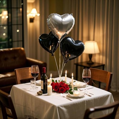 18 Inch Black Silver Heart Balloons, 12 Pcs Heart Foil Mylar Balloons, Black Silver Birthday Decoration, Heart Shaped Ball...