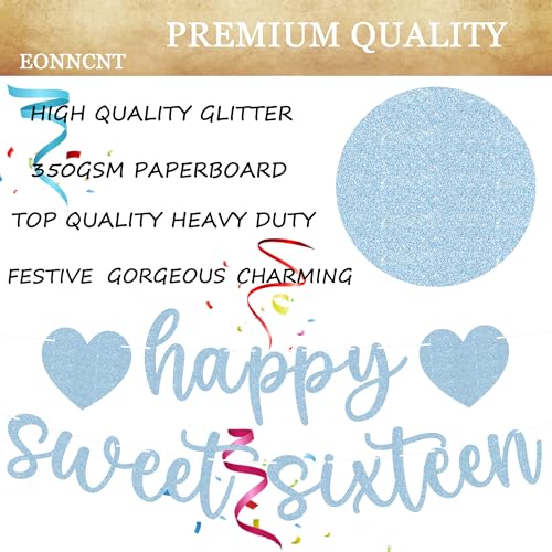 Pre-strung Happy Sweet Sixteen Banner - Light Blue Glitter 16th Birthday Party Decorations & Decor, Photo Booth Props
