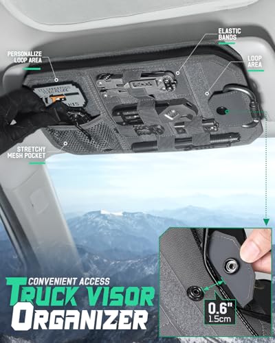LIVANS Tactical Car Sun Visor Organizer, Automotive Semi-Rigid MOLLE Panel with Zipper Storage Pouch & Glasses Clip, Unive...