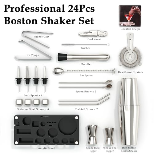 EffiQ-Rate Cocktail Shaker Set Bartender Kit, 24-Piece Boston Stainless Steel Bar Tool Set with Acrylic Stand Bars Set wit...