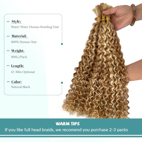 Blonde Braiding Hair 100g 28 Inch Water Wave 2 Bundle Bulk Human Hair for Braiding Highlight Honey Blonde Curly Hair Extensions for Boho Braids Wet and Wavy Human Braiding Hair