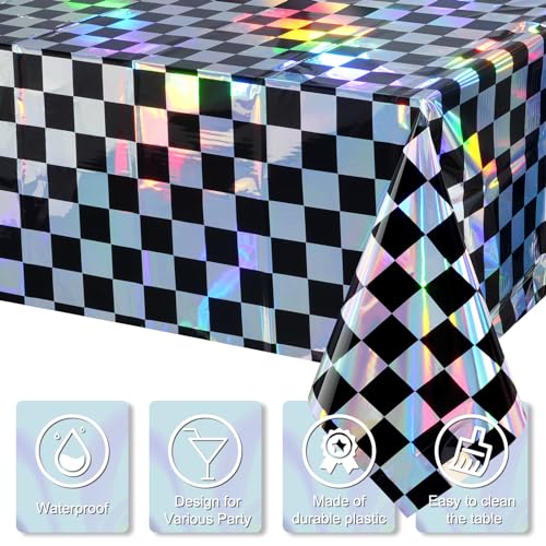 3Pack Black and Iridescent Checkered Plastic Tablecloth, Shiny Disposable Laser Rectangle Table Covers, Holographic Foil T...