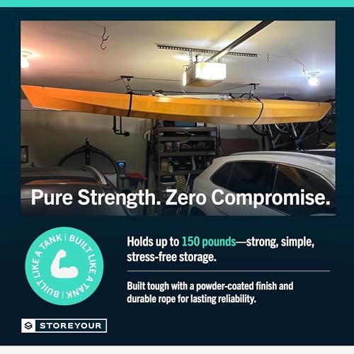 StoreYourBoard Kayak and Canoe Ceiling Hoist – Overhead Garage Storage Rack for Kayaks, Canoes, and Paddle Gear – Heavy Du...