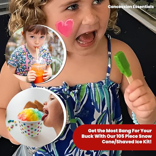 105 Piece Multi-Colored Snow Cone/Shaved Ice Kit - Includes 25 Rainbow Polka Dot Cups, 25 Candy Spoons, and 50 Neon Straws...