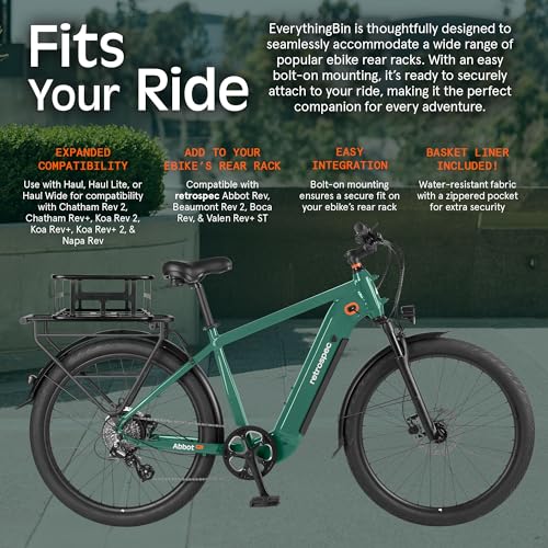 Retrospec EverythingBin Heavy-Duty Steel eBike Rear Basket with Water-Resistant Liner - Large Capacity Cargo Carrier for Electric Bikes (13x18x5.7)