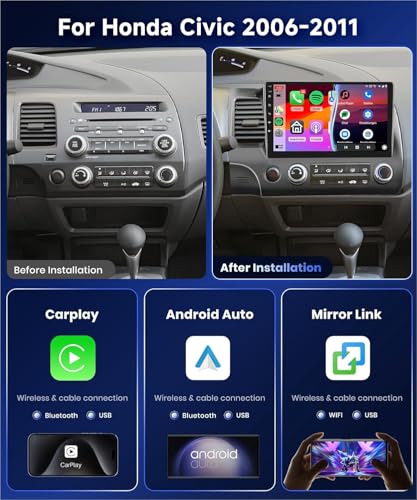 Podofo 4G+64G for Honda Civic 2006-2011 Car Stereo Radio 10.1 inch Android 15 Wireless Carplay Android Auto Touch Screen B...