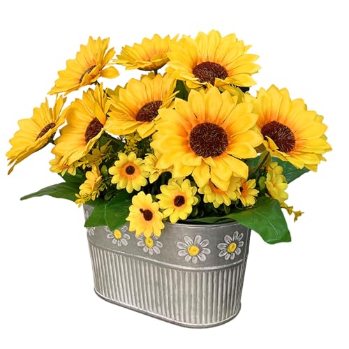hopeme Artificial Flowers Fake Sunflowers in Pot, Faux Silk Flowers Floral Table Centerpiece Decoration, Rustic Potted Gre...