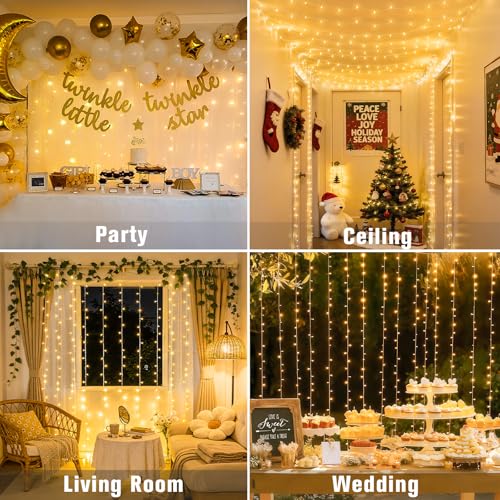 JMEXSUSS 300 LED Remote Control Curtain Lights, Plug in Fairy Curtain Lights Outdoor, Window Wall Hanging String Lights fo...