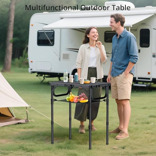Anbte Folding Camping Table with Storage Net, Pure Black Aluminum 2ft Picnic Table 23.2" x 16" Outdoor Table Adjustable He...