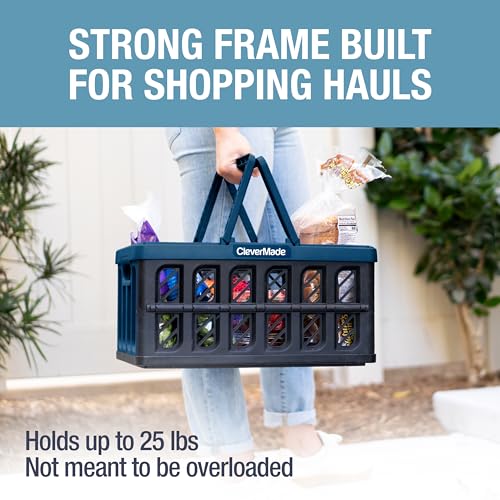 CleverMade Collapsible Shopping Basket, Ocean, 3PK - 24L (6 Gal) Reusable Plastic Grocery Shopping Baskets, Holds 25lbs Pe...