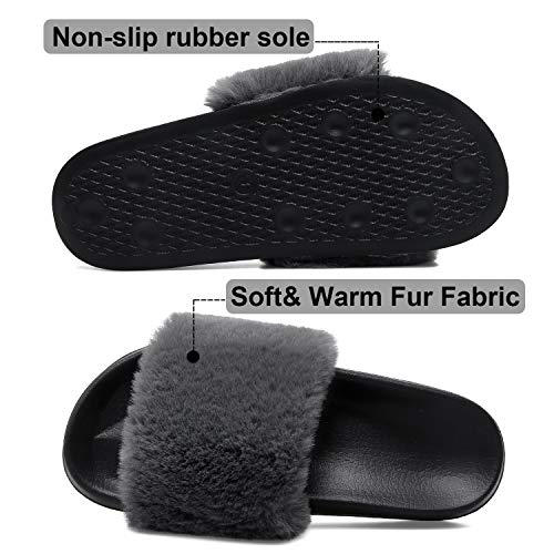 Spesoul Womens Fuzzy Slides Open Toe Furry Slide Slippers Indoor Outdoor Slides Sandals Casual Flat Fluffy House Slippers