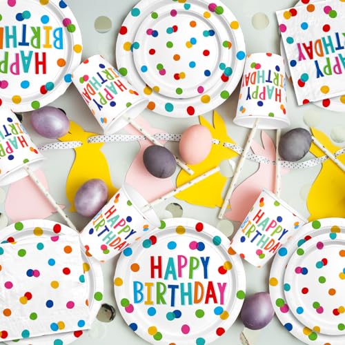 Happy Birthday Decorations: Happy Birthday Party Supplies Set with Birthday Dots Design- Includes Disposable Paper Birthda...