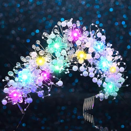 JEAIRTS Light Up Beaded Crown Headband Silver Glow Bridal Pearl Headpiece Flashing Costume Prom Hair Accessories for Women