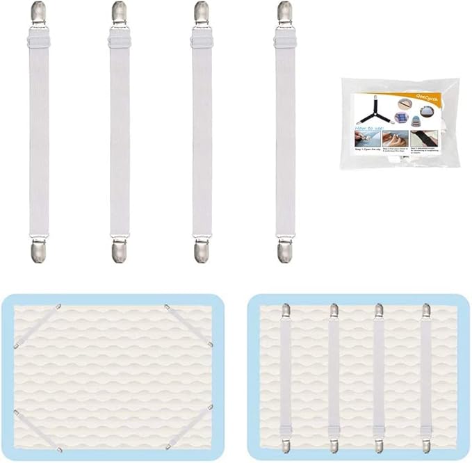 4Pcs Adjustable Bed Sheet Straps Clips, Elastic Mattress Sheet Fasteners Holder and Suspenders, Grippers to Hold Sheet, Mattress, Sofa, Couch, Table Cloth, Recliner Ironing Board Cover and More