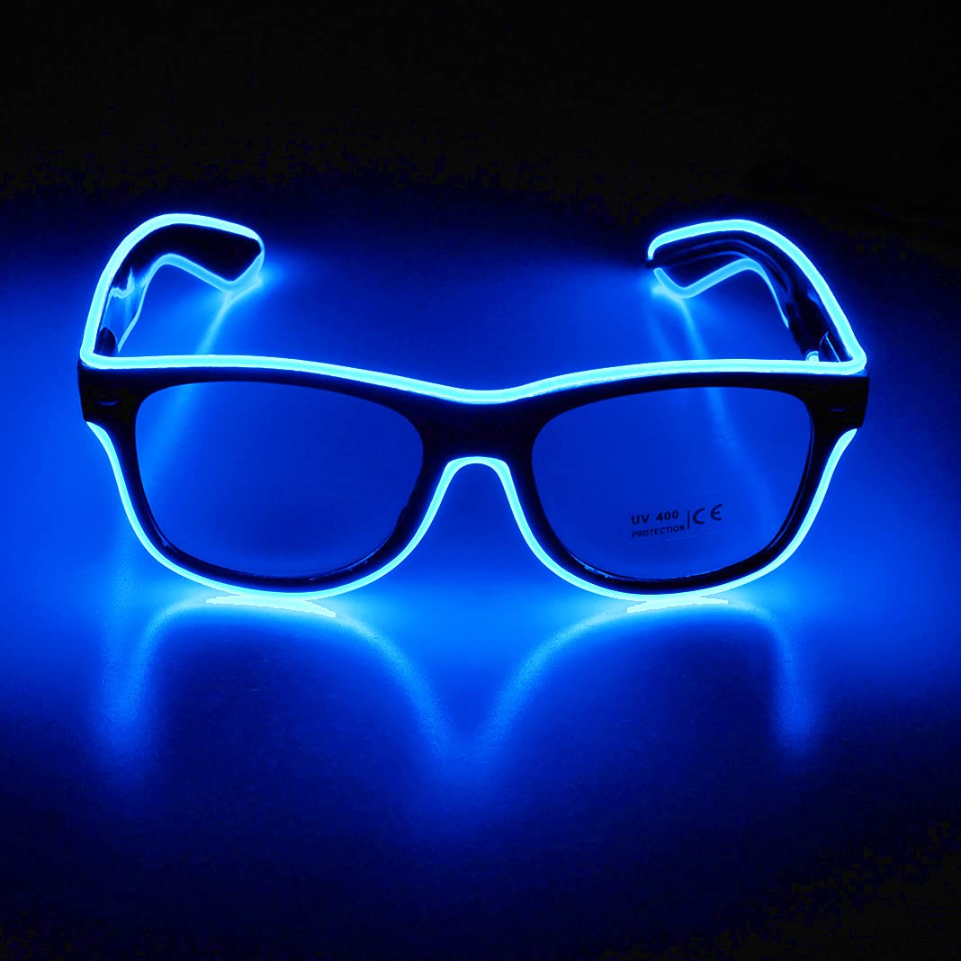 Aquat Light up EL Wire Neon Rave Glasses Glow Flashing LED Sunglasses Costumes For Party, EDM, Halloween, Wired with Battery Power RB01 (Blue, Black Frame)