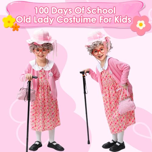 ZelJoyla Old Lady Costume for Kids 100 Days of School Costume for Girls 13 pcs 100th Day of School Granny Old Lady Dress Up