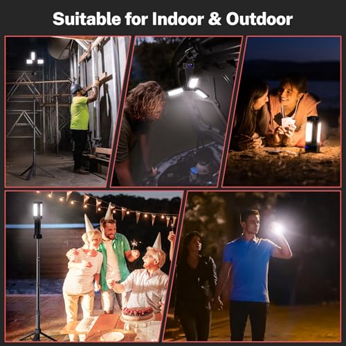 OGERY Rechargeable 10000mAh Camping Light with Stand 6.5 ft Max Height, Cordless Work Light with 3 LED Lamp Heads, 2200 Lu...