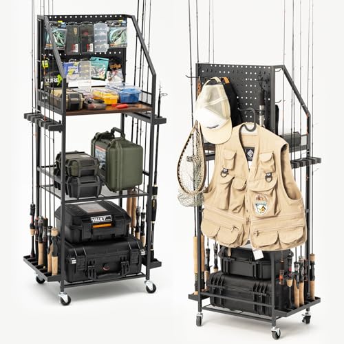 SOYEEZE Fishing Rod Holders for Garage with Pegboard and Lockable Wheels, 3-Tier Fishing Pole Rack with 10 Hooks, Fishing ...