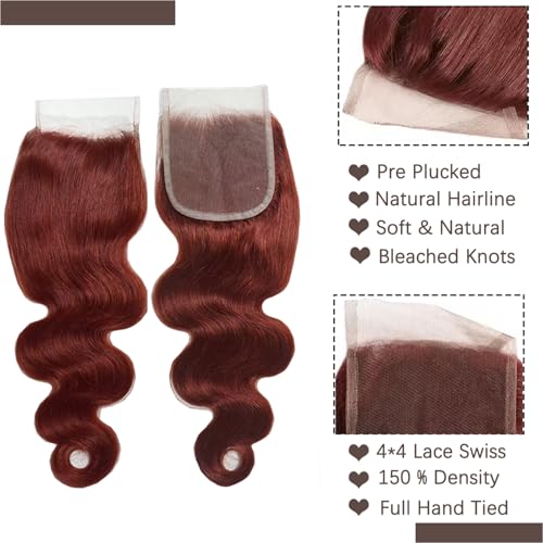 10A Cooper Red Human Hair Bundles with Closure Body Wave Reddish Brown Bundles Human Hair with Closure 12 14 16+12 Free 33B Cooper Red Brazilian Body Wave Hair