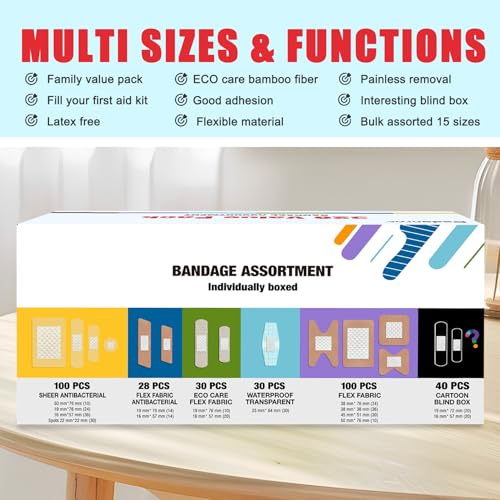 Dodanros Variety Bandages Pack,328ct Assorted Bulk Various Sizes, Shapes &Features | Sheer & Flex Fabric with Benzalkoniu...
