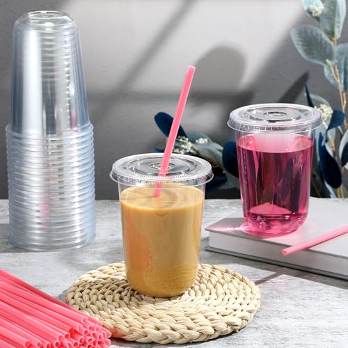 Ziliny 50 Sets Clear Plastic Cups with Heart Shaped Pink Straws and Lids, Disposable Iced Coffee Cups Drinking Pet for Col...