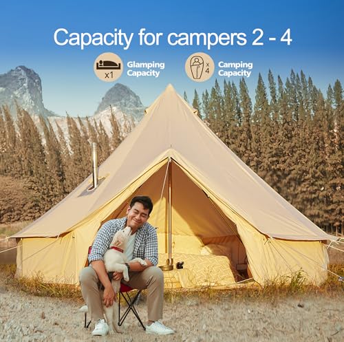 Cotton Canvas Bell Tent, Waterproof Large Tents with Sturdy Center & Door Pole and Space for 4/6/8 Person All 4 Season Cam...