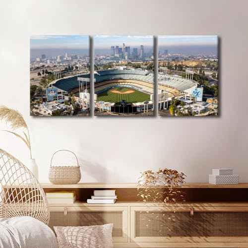 Los Angeles California Panoramic Skyline Cityscape Aerial over Dodger Stadium Painting for Living Room Decor HD Prints on Canvas Giclee Artwork Framed 3 Panels Ready to Hang, 36" Wx16 H