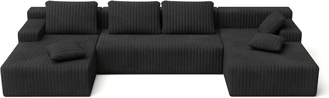 LAUSAINT HOME 132" Modular Sectional Sofa Couches, U-Shaped Boneless Cloud Sofa with 4 Deep Seat, 6 Cushiones Oversized Chaise for Living Room, Bedroom, Plush Corduroy Fabric (U Shaped Sofa, Black)
