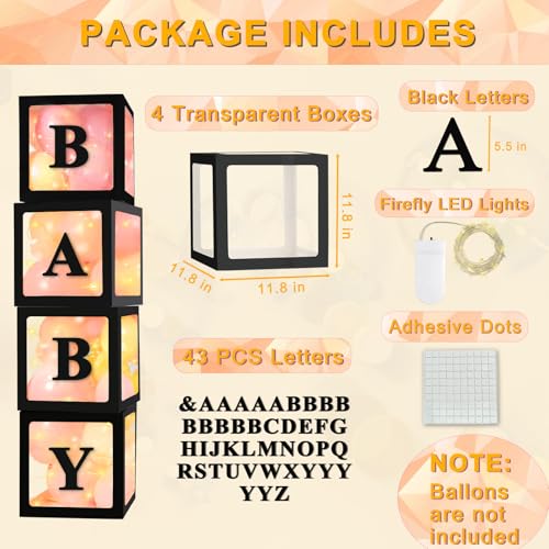Ledido Baby Boxes with Letters for Baby Shower Decorations, 4 Pcs Transparent Balloon Boxes Blocks with Fairy String Light...
