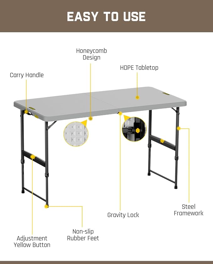 FanttikOutdoor 4ft Portable Folding Table, One-Handed Height Adjustment, 4 Heights, Gravity Lock, Carry Handle, Indoor Outdoor Heavy Duty Fold-in-Half Utility Table, Party, 1 Pack, Grey Zeta X4 Pro