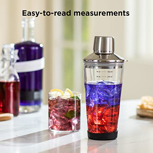 Rabbit 18 oz Glass Cocktail Shaker with Printed Measurements, Multi-Use Stainless Steel Topper with 1.5 oz Jigger Cap and ...