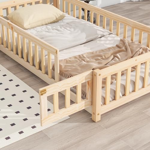 Lighluxstly Twin Size Montessori Floor Bed with Fence and Door, House-Shaped Headboard Floor Bed with Full-Length Guardrails, Floor House Bed for Teens