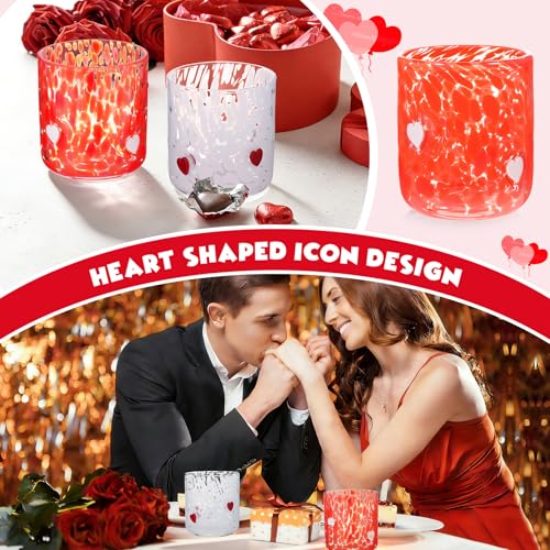 GVKGVK 2 Pcs Valentines Day Icon Juice Glasses, 14 oz Heart Themed Cute Glass Cups, Handblown Stemless Anthropology Glass ...
