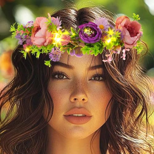 DRESBE Light Up Flower Crown LED Floral Headband Glow Fairy Hair Accessories for Women
