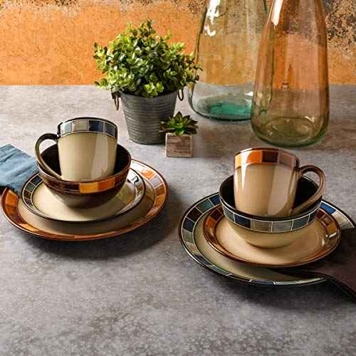 Gibson Casa Estebana 16-Piece Dinnerware Set, Service for 4 ? Beige and Brown Stoneware Plates and Bowls