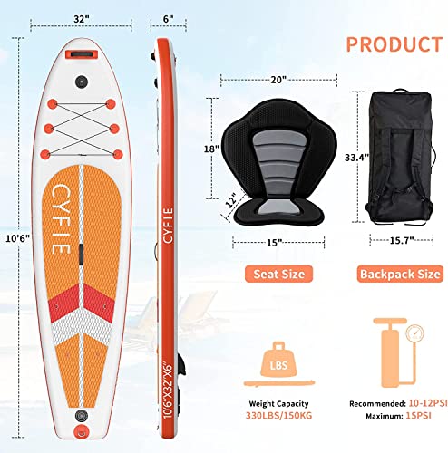 CYFIE 10'6''Inflatable Stand Up Paddle Board, Paddle Boards with Premium SUP Paddle Board Accessories, Removable Kayak Sea...