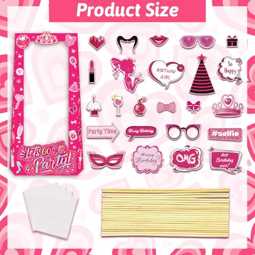 Hot Pink Let's Go Party Birthday Photo Booth Props, 4.5ft Tall Life Size Stand in Cardboard with Fixed Bracket & 25pcs Pri...