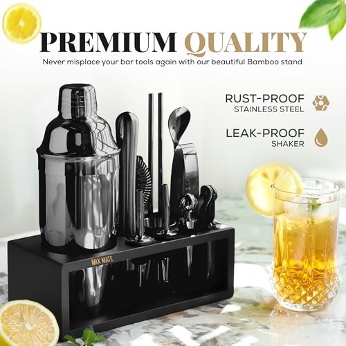 Black Stainless Steel Cocktail Shaker Set with Wood Stand - 15 Piece Bartender Kit with Drink Shaker, Bar Spoon, Jigger, M...