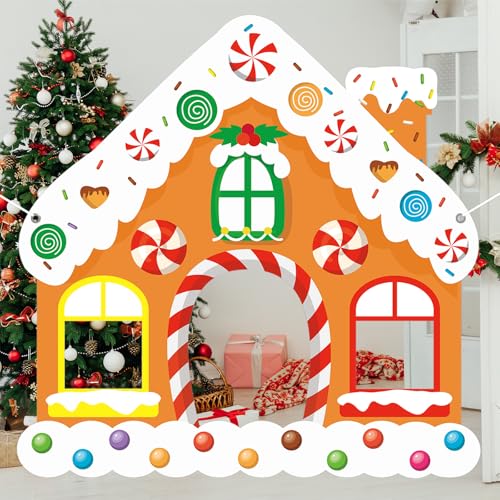 Large Christmas Gingerbread House Photo Booth Props - Fabric Backdrop, Door Banner Decorations for Winter Xmas Holiday Par...