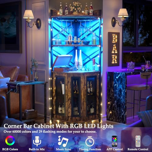Aheaplus Corner Bar Cabinet with Power Outlet, Industrial Wine Cabinet with LED Strip and Glass Holder, 5-Tiers Liquor Cab...