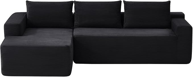 96 Inch Cloud Sectional Couch,Modern Modular Sectional Sofa with Deep Seat,Corduroy Boneless Couches with L-Shape Chaise for Living Room Bedroom,No Assembly Required (Black, Left Facing Chaise)