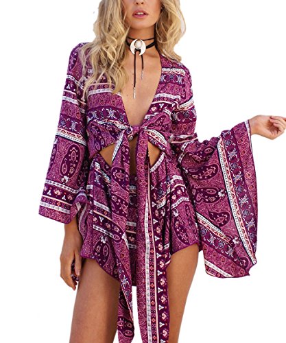 AELSON Women's Boho V Neck Print Romper Playsuit With Long Flare Sleeves