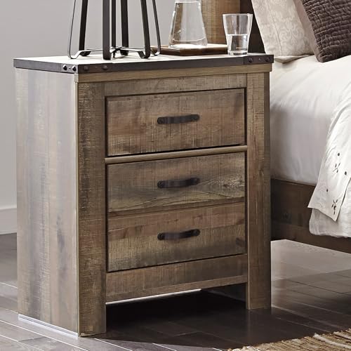 Signature Design by Ashley Trinell Rustic 2 Drawer Nightstand with USB Charging Stations, 29.65" Tall, Warm Brown