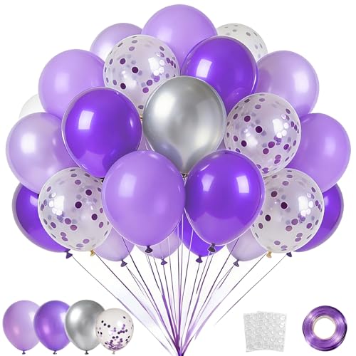 Danadia 32PCS Purple Balloons Set, 12 Inch Purple Silver Metallic Balloons with 9 Inch Purple Confetti Balloons for Girls'...