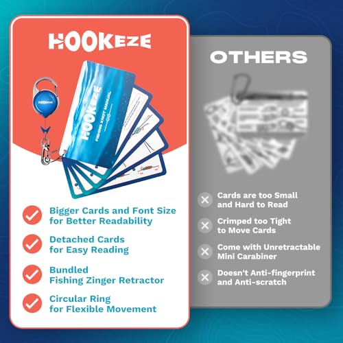 HOOK-EZE Fishing Knot Tying Cards, Waterproof Pocket Guide to 12 Essential Knots with Zinger Retractor, Fishing Gifts Gear...