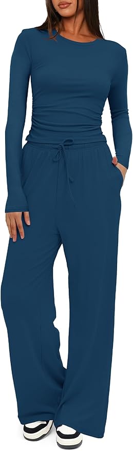 Darong Women's 2 Piece Outfits Lounge Sets 2026 Long Sleeve Tops Wide Leg Pants Casual Matching Set