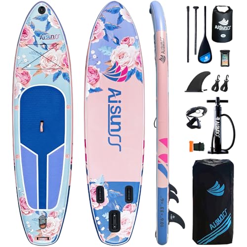 AISUNSS 10.6’ Inflatable Stand Up Paddle Board, 33’’ Wide Stance Paddle Boards with Premium Paddleboard Accessories, Doubl...