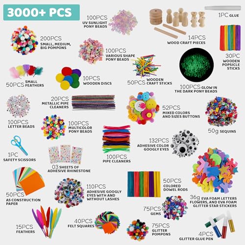 A&R CO. 3000+ Pcs Arts and Crafts Supplies & Materials for Kids - Ultimate Bulk Craft Kit for Boys & Girls with 99 Activit...